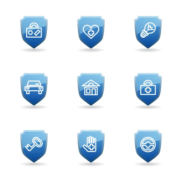 Assicurazione, pulsante blu scudo — Vettoriale Stock