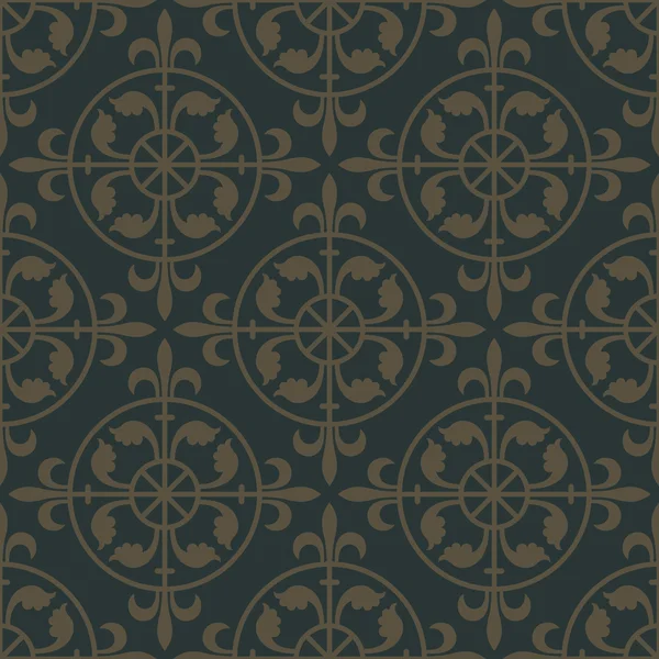 Golden seamless pattern on a dark green background. — Stok Vektör