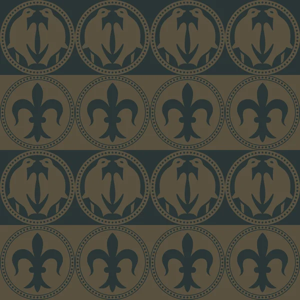 Golden seamless pattern on a dark green background. — Stock Vector