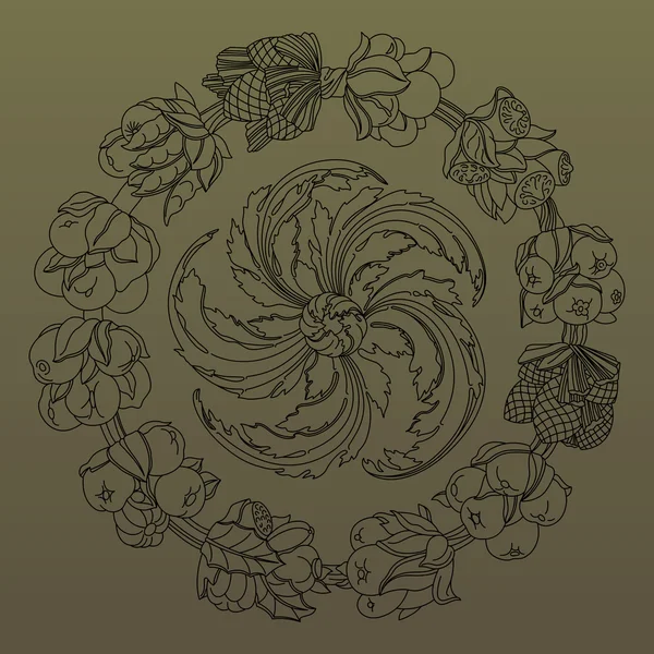 Ornamento redondo elegante, grinalda feita de folhas e frutos desenhados à mão . Gráficos De Vetores
