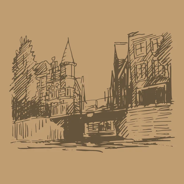 Vektorové ilustrace starých domů v Amsterdamu (Holandsko, Nizozemsko, Evropa). — Stockový vektor