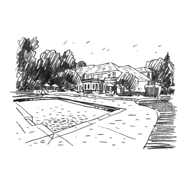 Vista de la casa con piscina . — Archivo Imágenes Vectoriales
