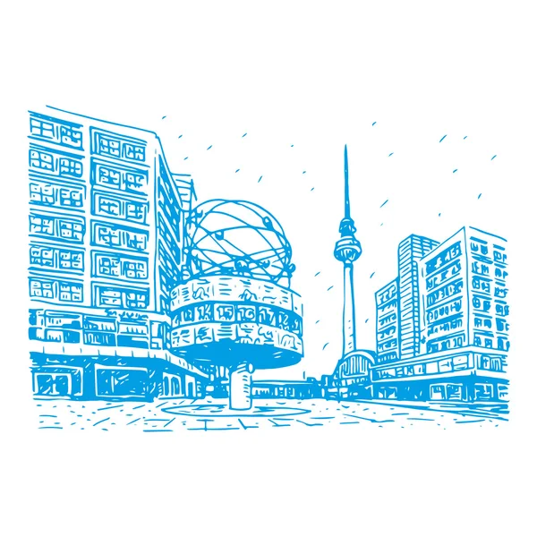 Tour de télévision et horloge mondiale à la gare Alexanderplatz, Berlin, Allemagne . — Image vectorielle