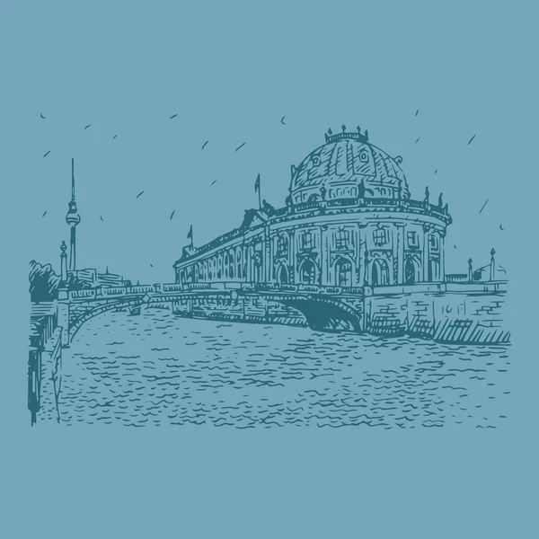 Bode museum on Spree river and the Fernsehturm in center of Berlin, Germany. — Stock Vector