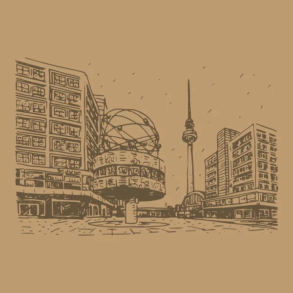 Torre de televisión y reloj mundial en la estación de tren Alexanderplatz, Berlín, Alemania . — Vector de stock