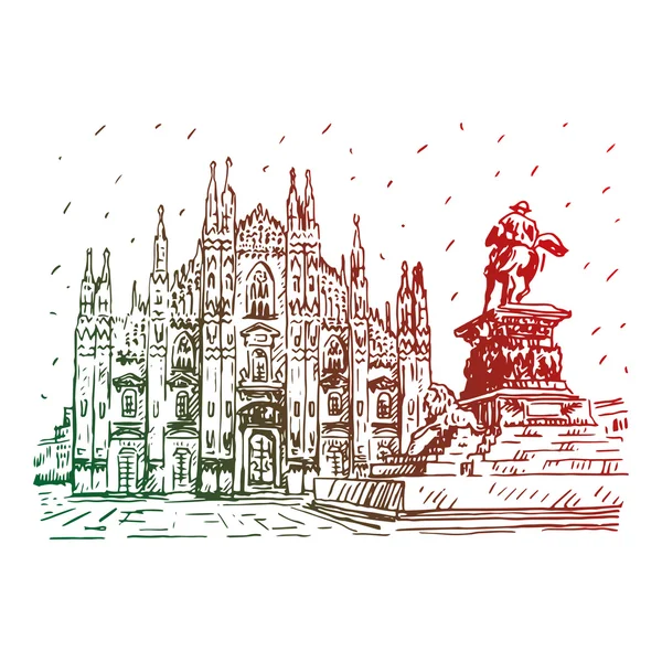 Catedral de Milán con estatua, Italia . — Vector de stock