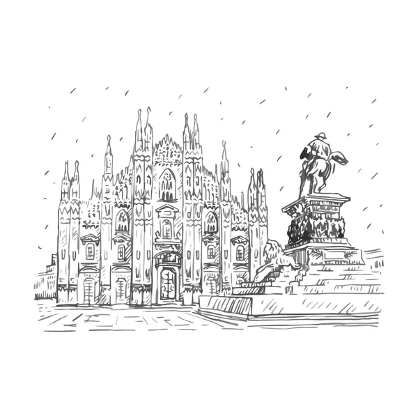 Catedral de Milán con estatua, Italia . — Vector de stock