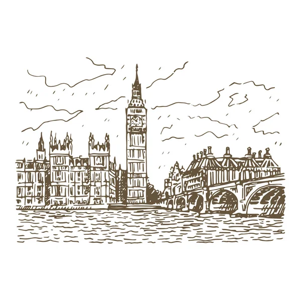 Paleis van Westminster, Elizabeth toren (Big Ben) en Westminster Bridge. Londen, Engeland, Verenigd Koninkrijk. — Stockvector