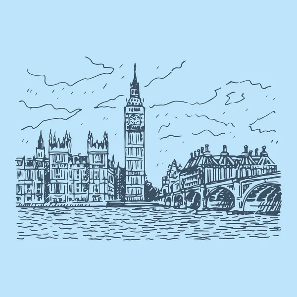 Paleis van Westminster, Elizabeth toren (Big Ben) en Westminster Bridge. Londen, Engeland, Verenigd Koninkrijk. — Stockvector