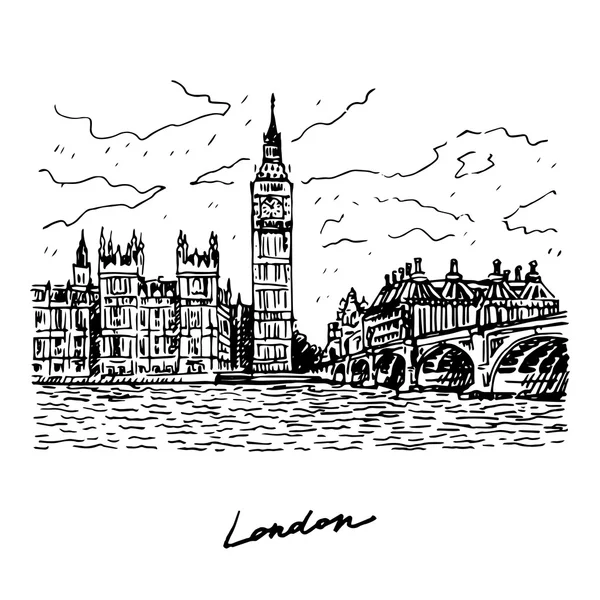 Paleis van Westminster, Elizabeth toren (Big Ben) en Westminster Bridge. Londen, Engeland, Verenigd Koninkrijk. — Stockvector