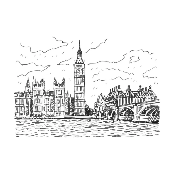 Palacio de Westminster, Torre Elizabeth (Big Ben) y Puente Westminster. Londres, Inglaterra, Reino Unido . — Vector de stock