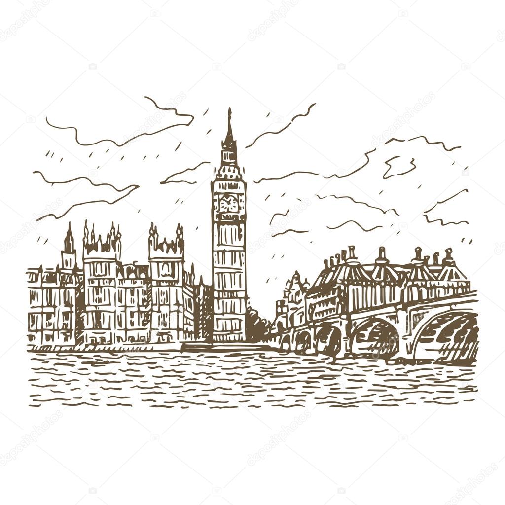 Palace of Westminster, Elizabeth Tower (Big Ben) and Westminster Bridge. London, England, UK.