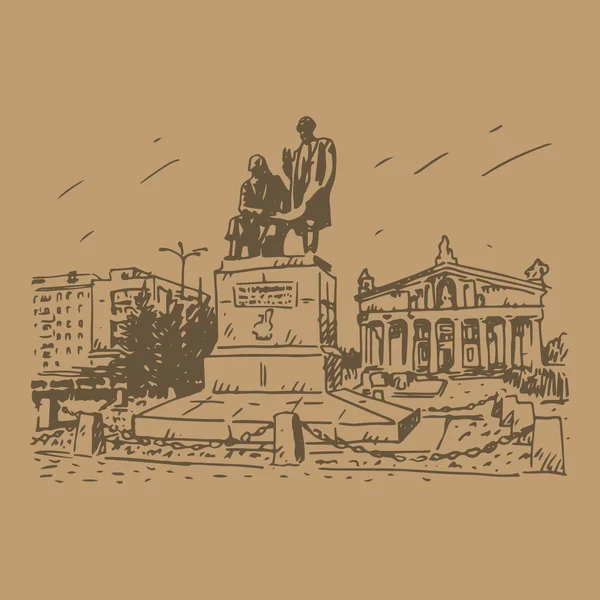 Monumento al padre y al hijo Cherepanov, inventores de la primera locomotora rusa en la Plaza del Teatro en Nizhny Tagil, Rusia . — Archivo Imágenes Vectoriales