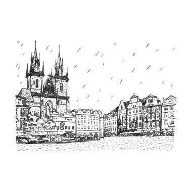 Eski Şehir Meydanı Prag, Çek Cumhuriyeti. Kilise Our Lady Tyn ve anıt Jan Hus önce.