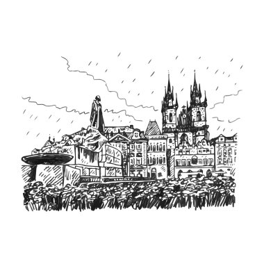Anıt Jan Hus ve Tyn Cathedral Meryem Ana. Eski Şehir Meydanı Prag, Çek Cumhuriyeti.