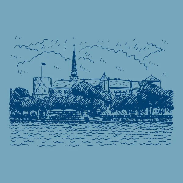 Rigai vár a bankok a folyó Daugava-Riga, Lettország. — Stock Vector