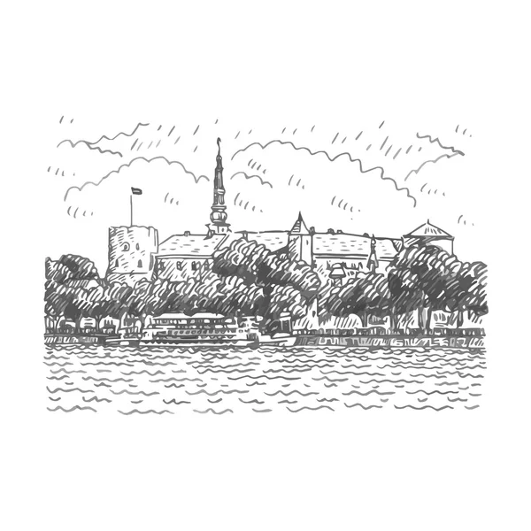 Castillo de Riga a orillas del río Daugava en Riga, Letonia . — Vector de stock