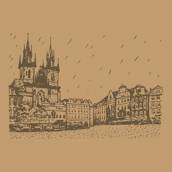 Praça da cidade velha em Praga, República Checa. Igreja de Nossa Senhora diante de Tyn e monumento de Jan Hus . —  Vetores de Stock
