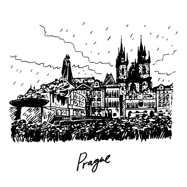 Monumento de Jan Hus e Catedral Tyn da Virgem Maria. Praça da cidade velha em Praga, República Checa . — Vetor de Stock