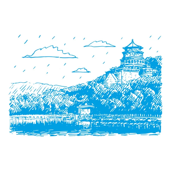 A paisagem do Palácio de Verão, Pequim, China. Vetor esboço a lápis à mão livre . — Vetor de Stock