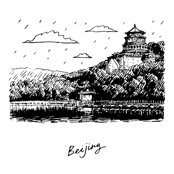 Pemandangan Istana Musim Panas, Beijing, Cina. Sketsa pensil tangan bebas vektor . - Stok Vektor