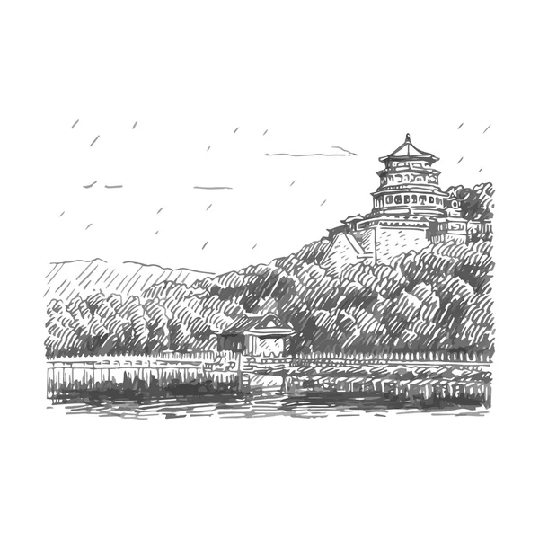 El paisaje del Palacio de Verano, Beijing, China. Vector boceto a lápiz a mano alzada . — Archivo Imágenes Vectoriales