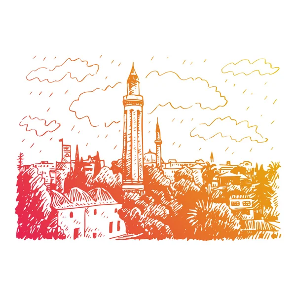 Yivli Minare (sembolü sayılan Yivli Minare), Kaleiçi, Antalya, Türkiye. — Stok Vektör