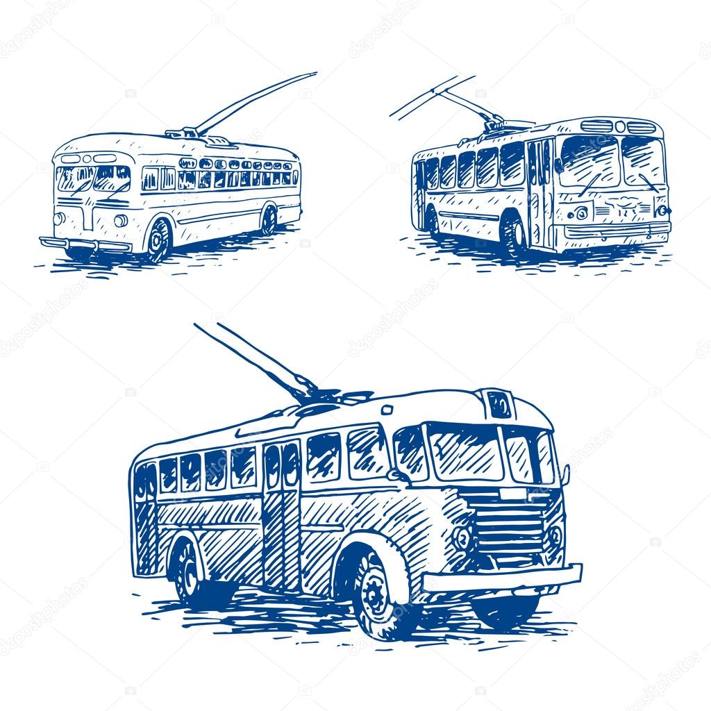 Set of retro trolleybuses. Picture of vintage transport.