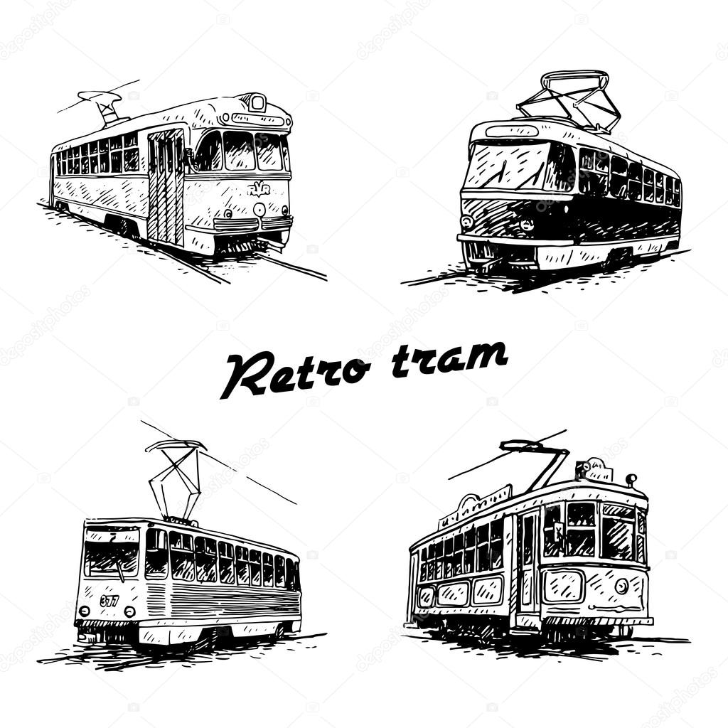 Set of vintage trams. Retro transport.