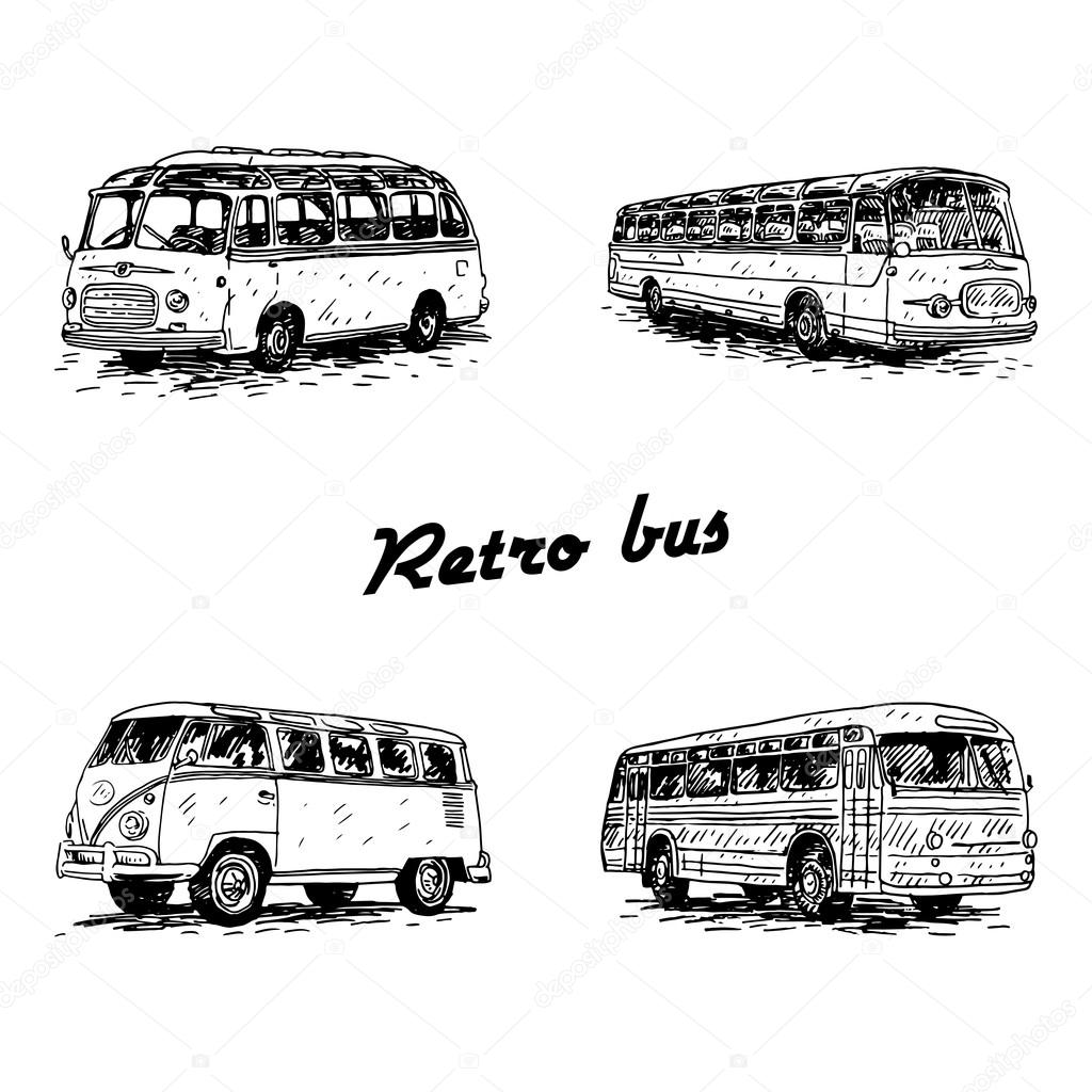 Set of retro buses. Picture of vintage transport.