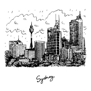 Sydney, Avustralya'nın Sydney Kulesi ve gökdelenler görünümü.
