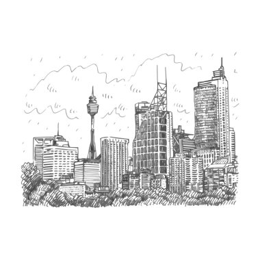 Sydney, Avustralya'nın Sydney Kulesi ve gökdelenler görünümü.