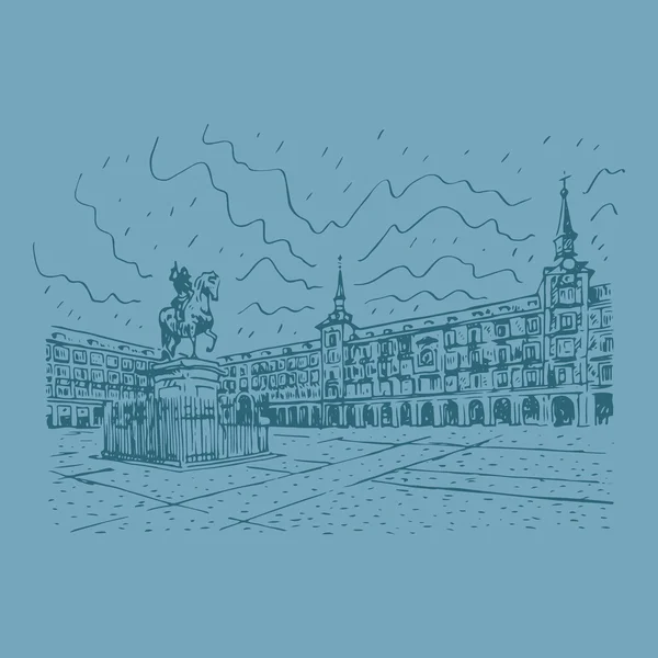 Estatua de Felipe III en la plaza Mayor en el centro de Madrid, España . — Vector de stock