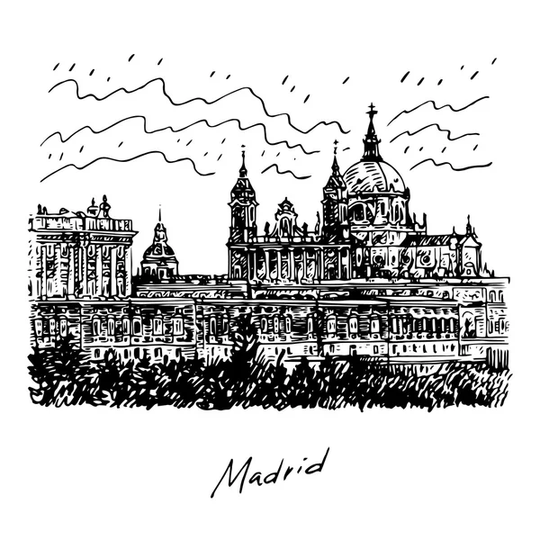 Catedral de Santa Maria la Real de La Almudena y Palacio Real. Madrid, España . — Vector de stock