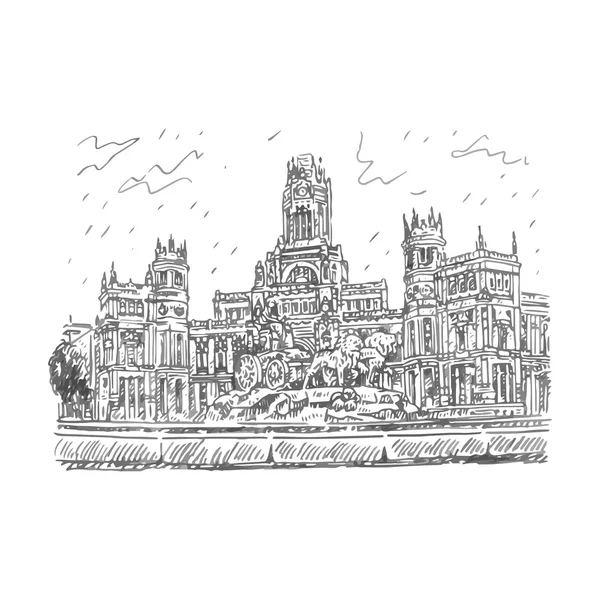 Palacio Cybele y fuente en la Plaza Cibeles de Madrid, España . — Vector de stock