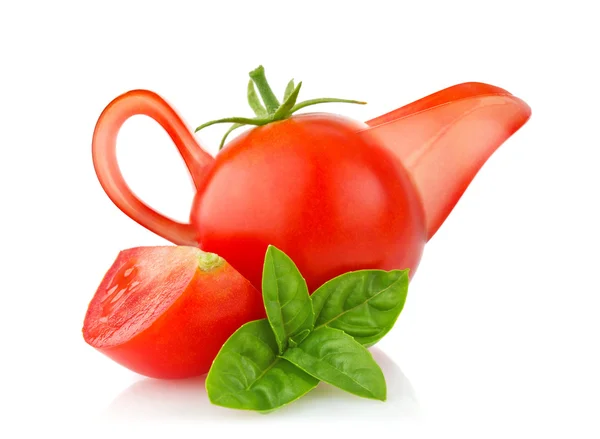Creative conception tomato - sauce-boat with branch of basil — Stock Photo, Image