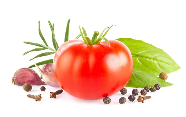 Tomate fresco maduro com ervas e alho — Fotografia de Stock