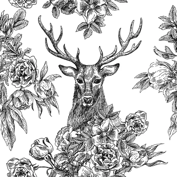 사슴과 꽃과 원활한 패턴 — 스톡 벡터