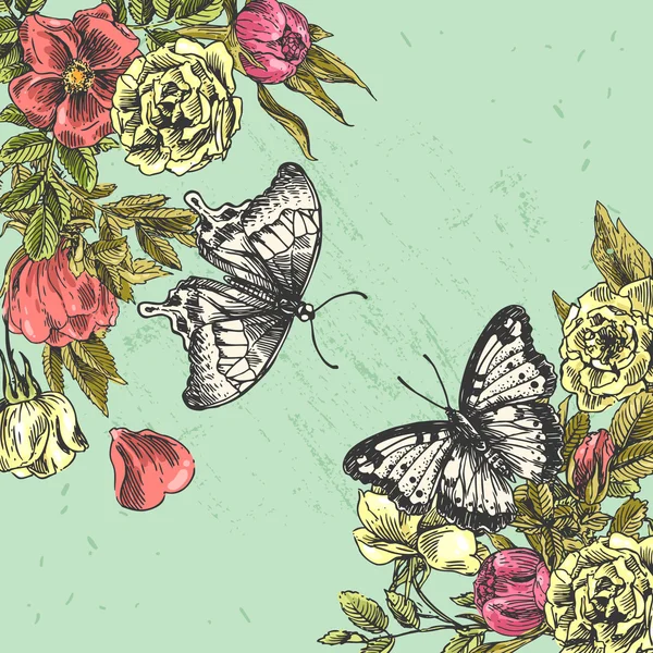 Skissa av fjärilar och blommor — Stock vektor