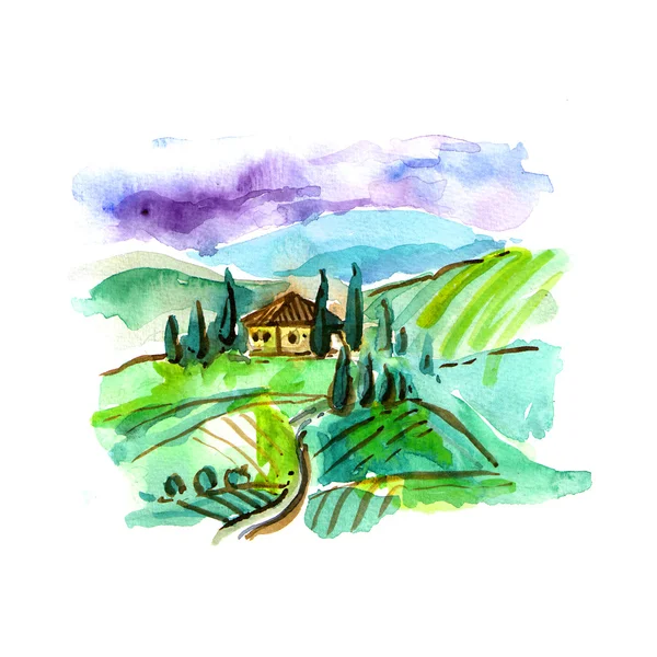 Aquarel Tuscany landschap — Stockfoto