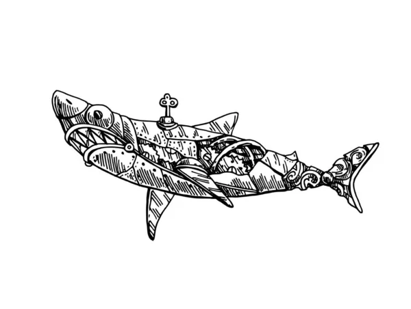 Mechanische Fische. Handgezeichnete Vektorillustration. — Stockvektor