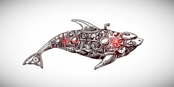 Mechanische Fische. Handgezeichnete Vektorillustration. — Stockvektor