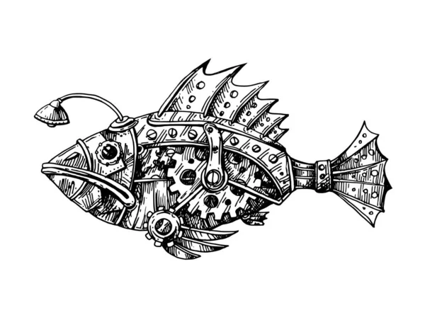 Mechanische Fische. Handgezeichnete Vektorillustration. — Stockvektor