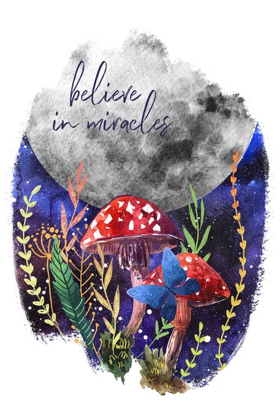 Watercolor moon, mushrooms and flowers on dark background. Hand painted watercolor beautiful illustration.