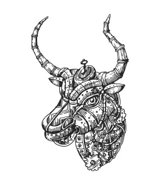 Mekanik boğa. El çizimi vektör çizimi steampunk biçimi.