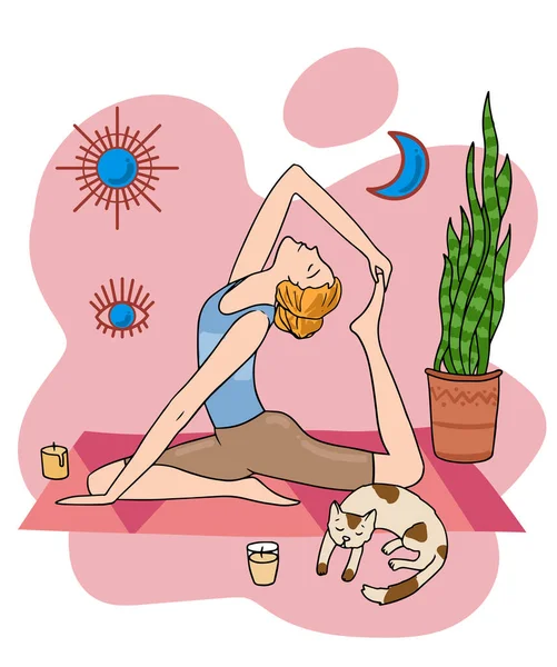 Cartel de chica de yoga. Hermosa ilustración dibujada a mano hacer yoga. — Vector de stock