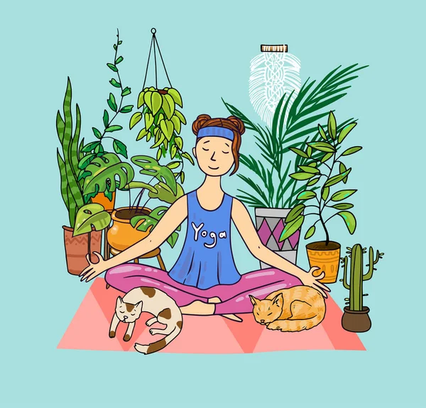 Affiche de fille de yoga. Belle illustration dessinée à la main faire du yoga. — Image vectorielle