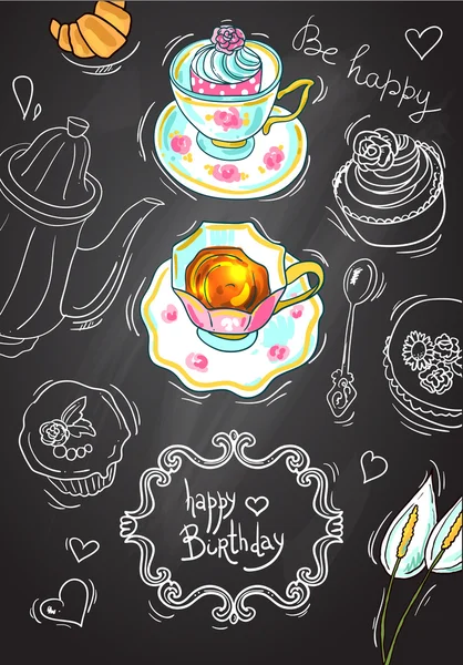 Chá e doces no fundo do quadro — Vetor de Stock