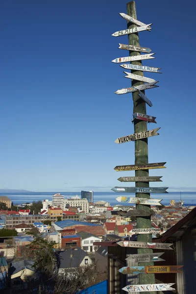 Arenas Punta Chile Agosto 2016 Signpost Para Locais Redor Mundo — Fotografia de Stock