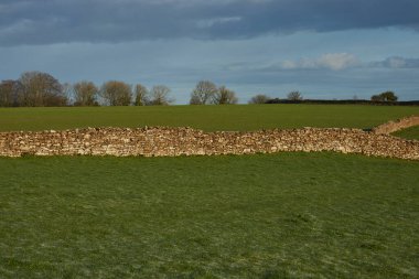 Wolley Vadisi 'ndeki alan sınırlarını belirleyen kuru taş duvarlar, İngiltere, Bath' ın eteklerindeki Cotswolds 'daki Olağanüstü Doğal Güzellik Bölgesi.